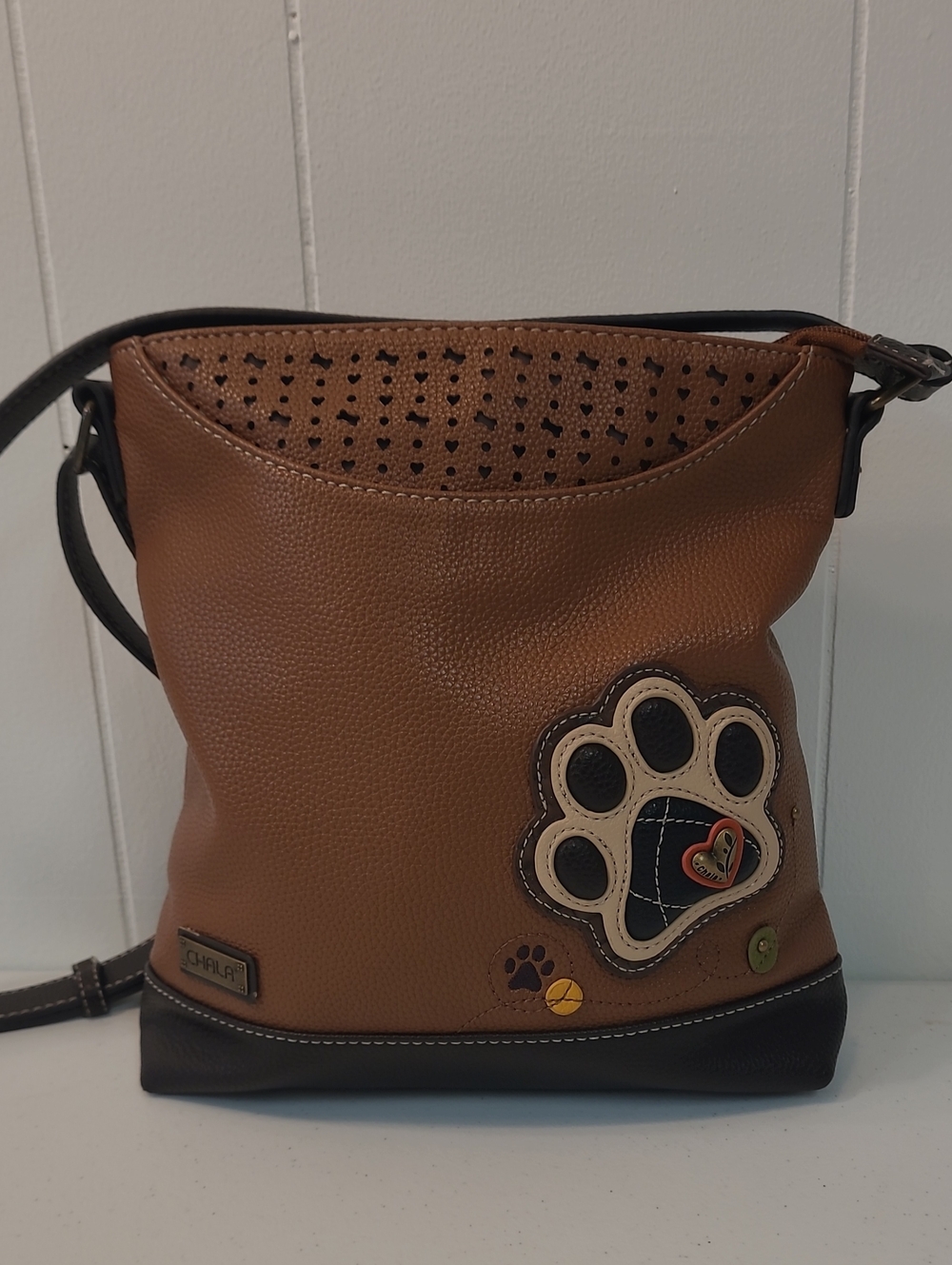 Dog Lover's Chala Paw Accent Vegan Brown/Black Crossbody Bag Adjustable Strap